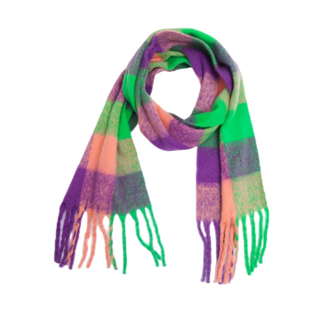 Accity | Multicolor plaid scarf with green, purple, and peach.