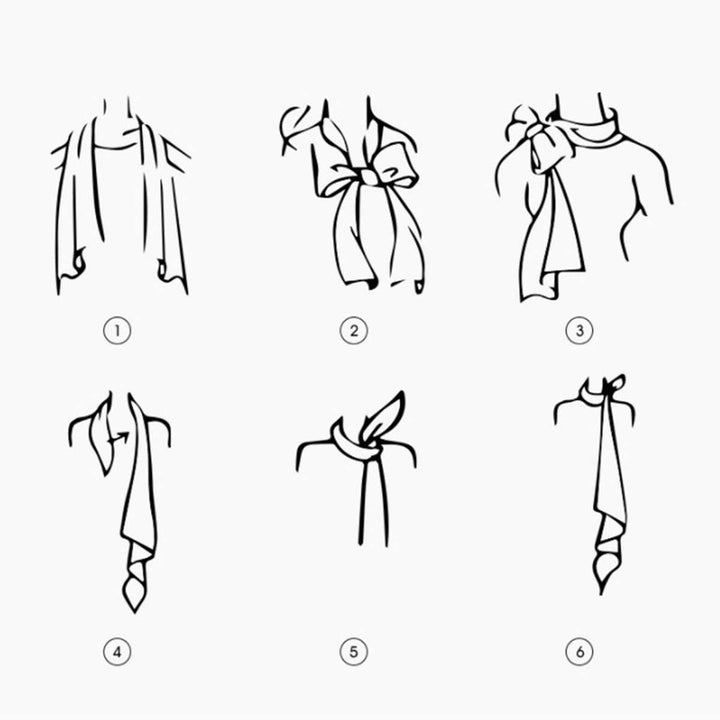 Accity | POLKA DOTS SQUARE SCARF NECK SCARVES | Illustration depicting different tying methods.