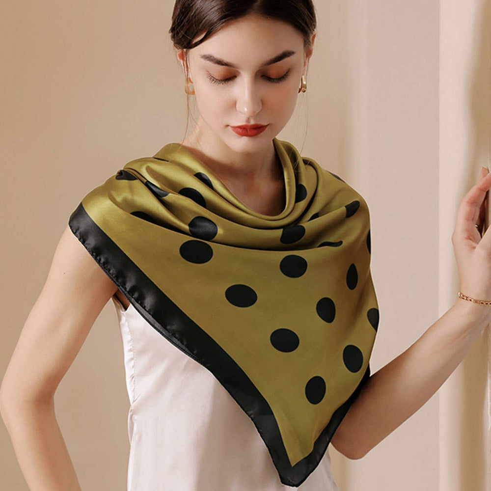 Accity | POLKA DOTS SQUARE SCARF NECK SCARVES: Green | Unfolded on a model for scale