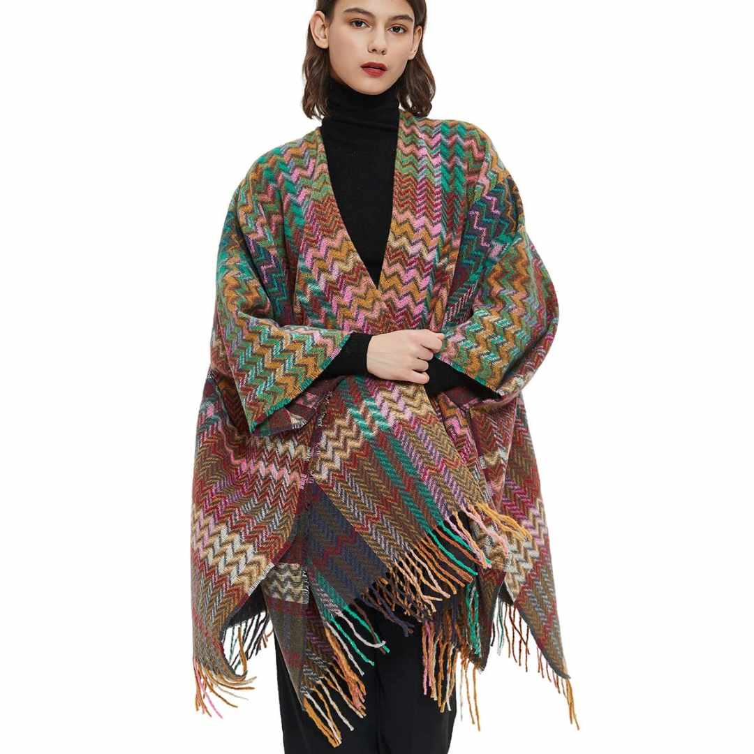 Accity | Multicolor poncho with tassels.