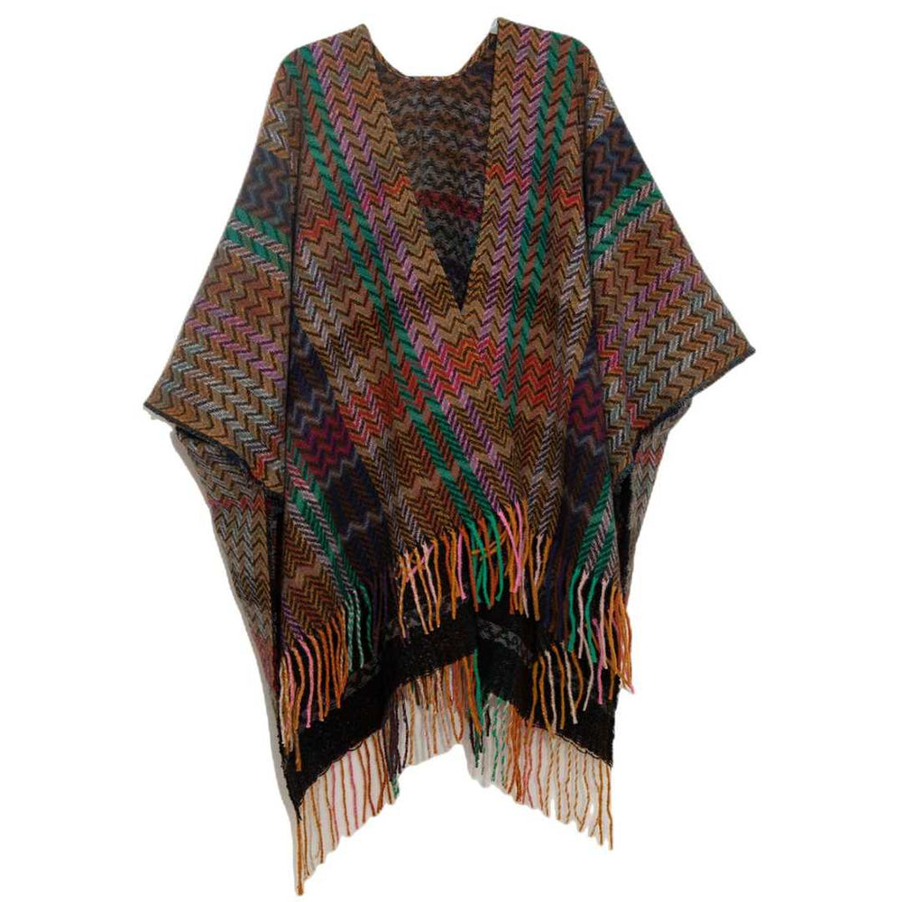 Accity | A mostly brown poncho shawl with purple, green, red, orange, and pink accents.