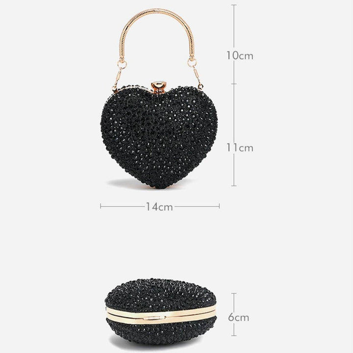 Accity | Rhinestone Bag | Black, heart shaped with gold accents. Bag is 11cm high, with handle add an additional 10cm, 14cm wide, 6cm "thick".