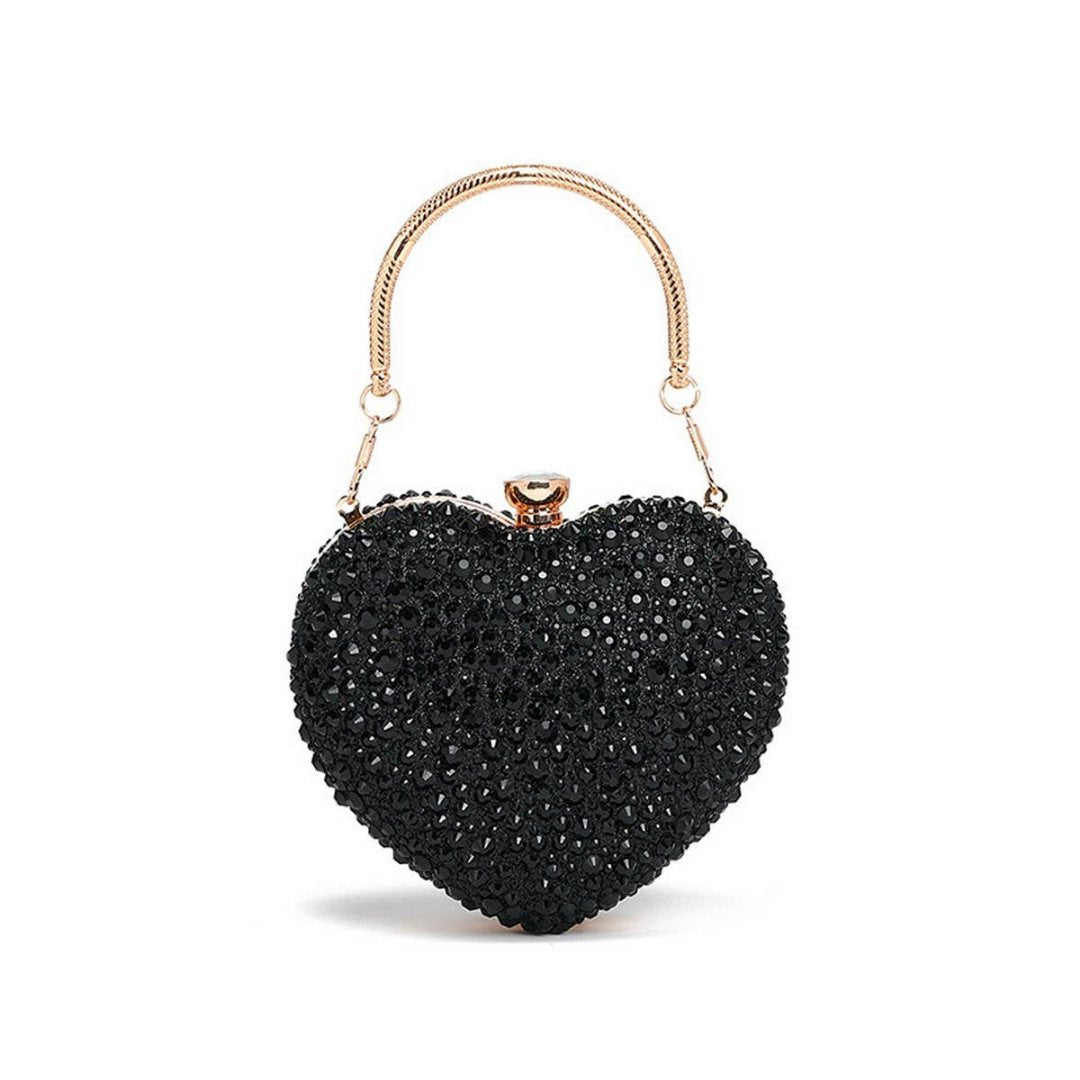 Accity | Rhinestone Bag | Black with gold accents, heart shaped.