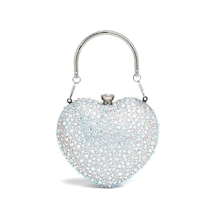 Accity | Rhinestone Bag | Clear rhinestones reflecting light blue. Silver hardware and handle.