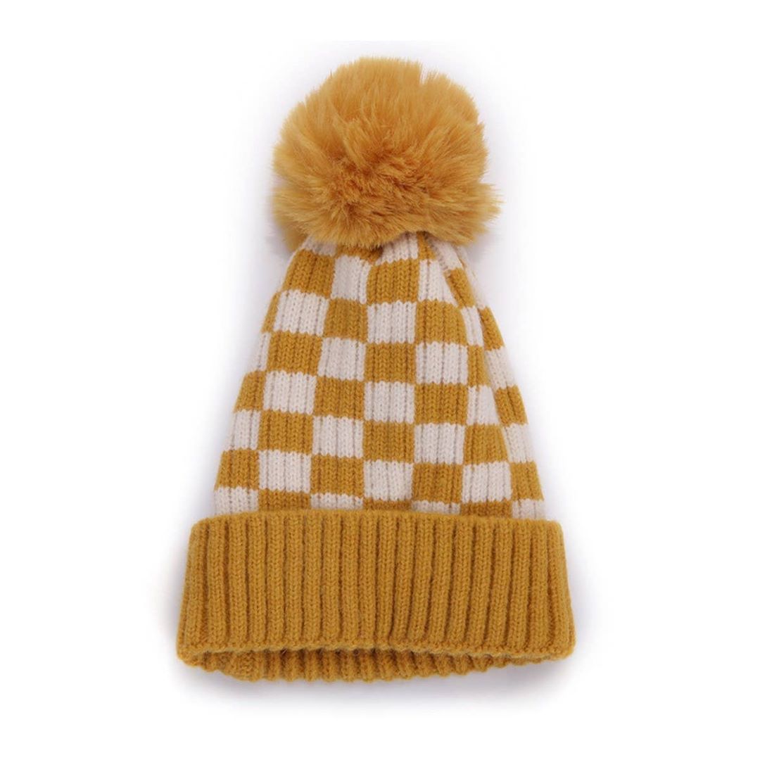 Accity | Knit yellow checkered beanie with a pom pom.