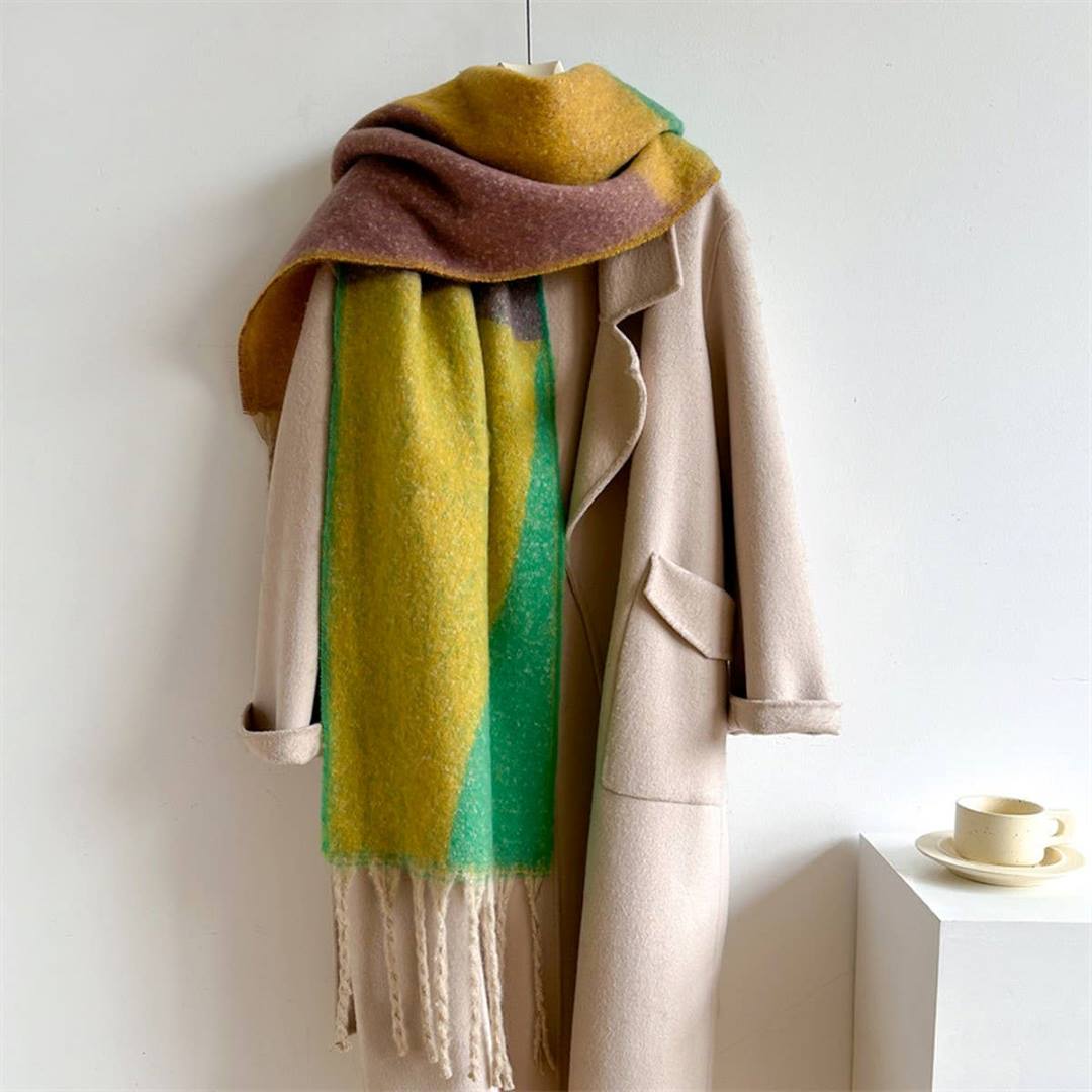 Accity | Colorblock Scarf | A yellow and green scarf with brown accents.