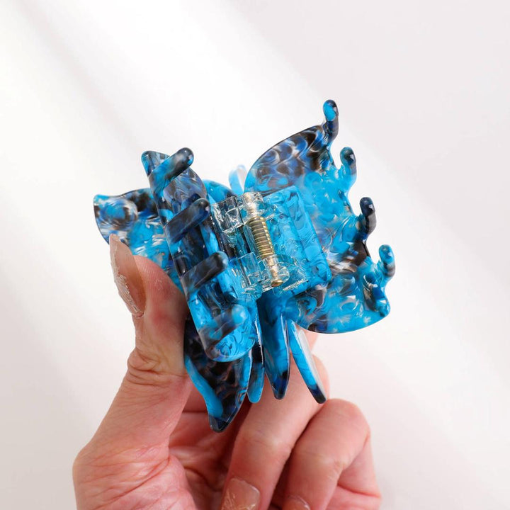 Adorro | Bella Blue Butterfly Clip | Opened showing inner mechanism.
