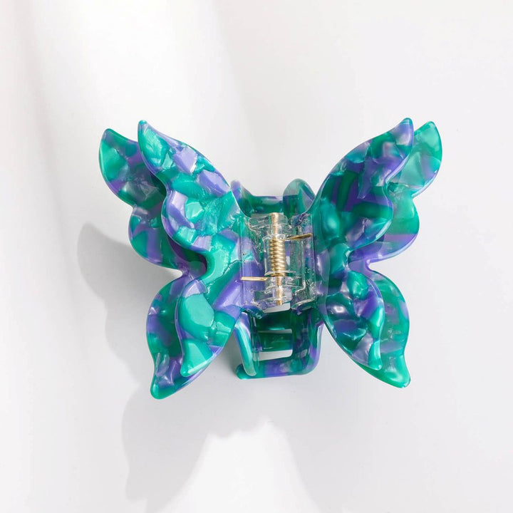 Adorro | Bella Blue Butterfly Clips | Green and purple butterfly shaped clip.