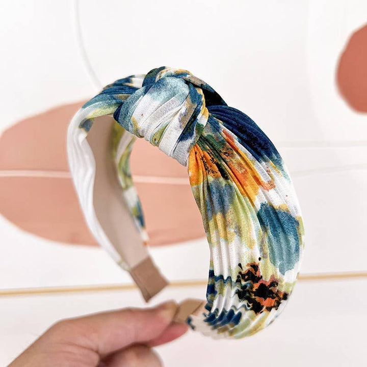 Adorro | Pleated Watercolor Floral Headband | Blue and orange pattern.