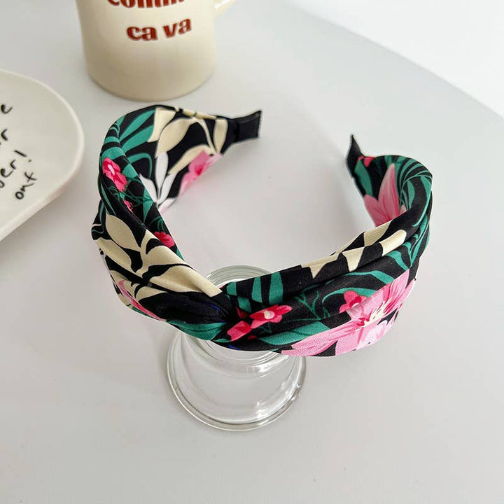 Adorro | Tropical Floral Twist Headband, black, green, and yellow.