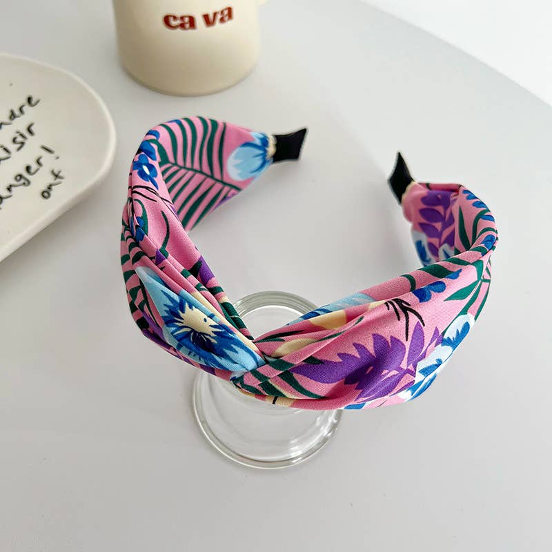 Adorro | Tropical Floral Twist Headband | Pink, blue, and purple.