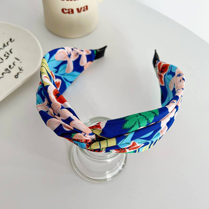 Adorro | Tropical Floral Twist Headband | Royal blue floral.
