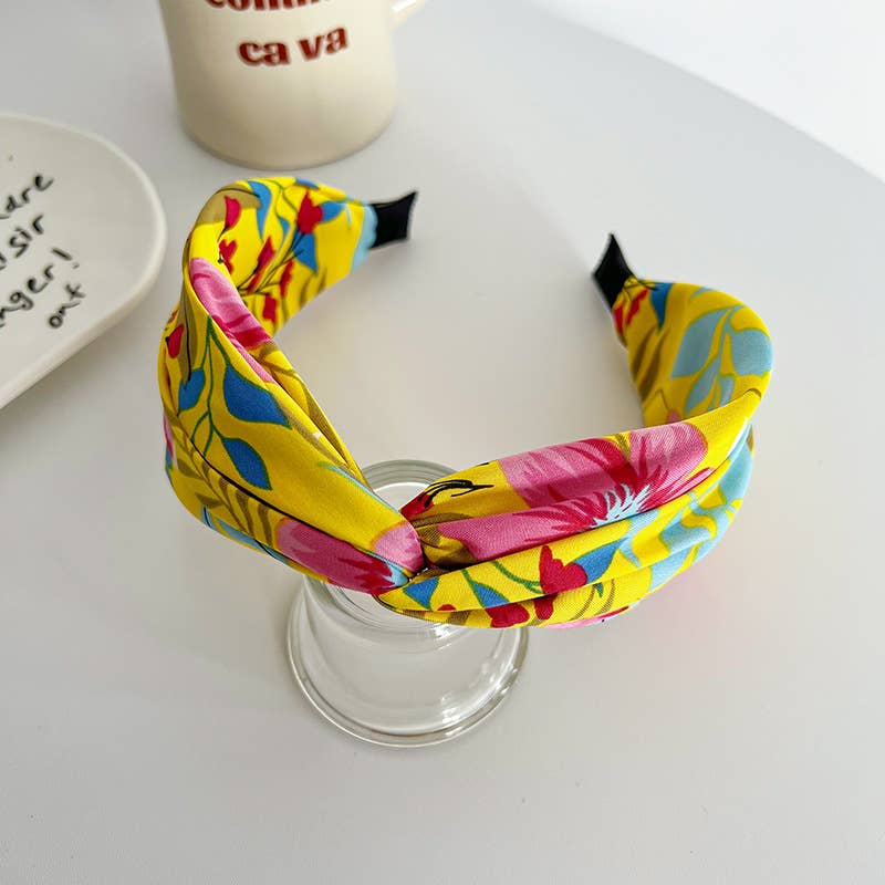 Adorro | Tropical Floral Twist Headband | Yellow and pink