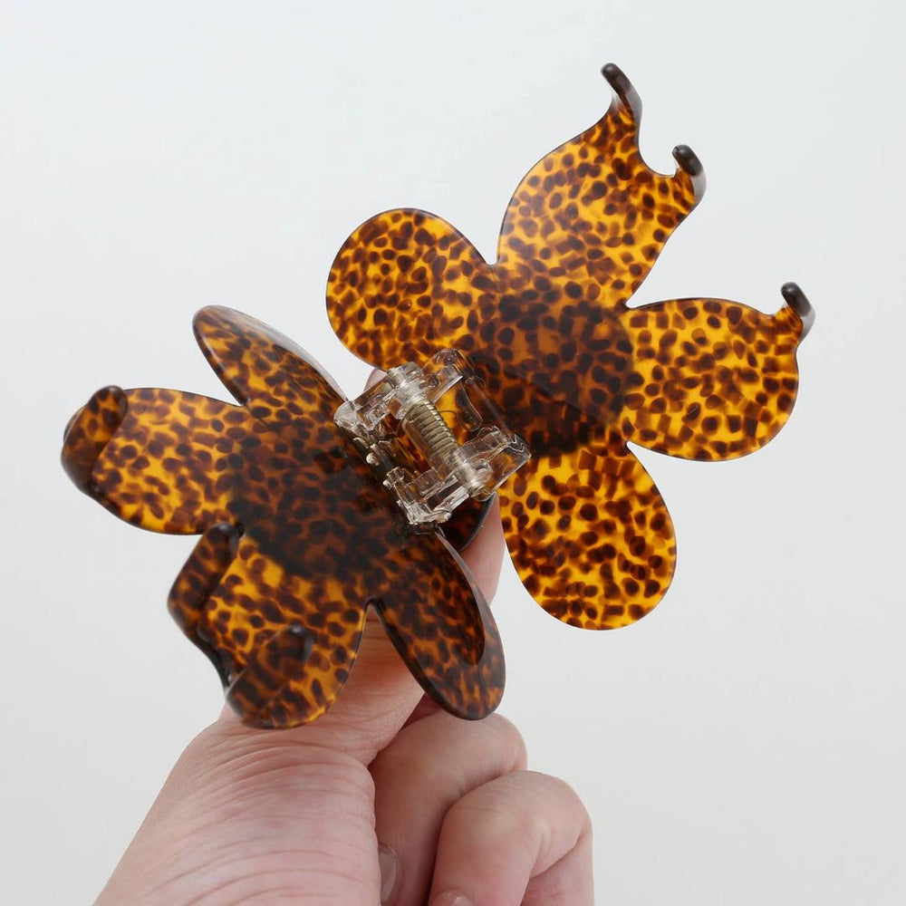 Adorro | Vintage Jasmine Hair Clip | Brown and flower shaped. Open showing the interior mechanism.