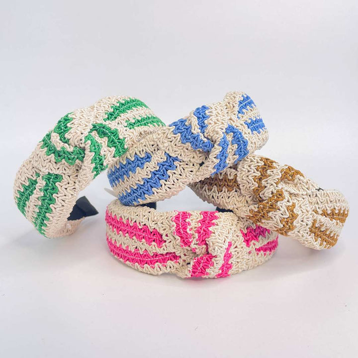 Adorro | Woven Twist Straw Headband | Green, blue, pink, brown.
