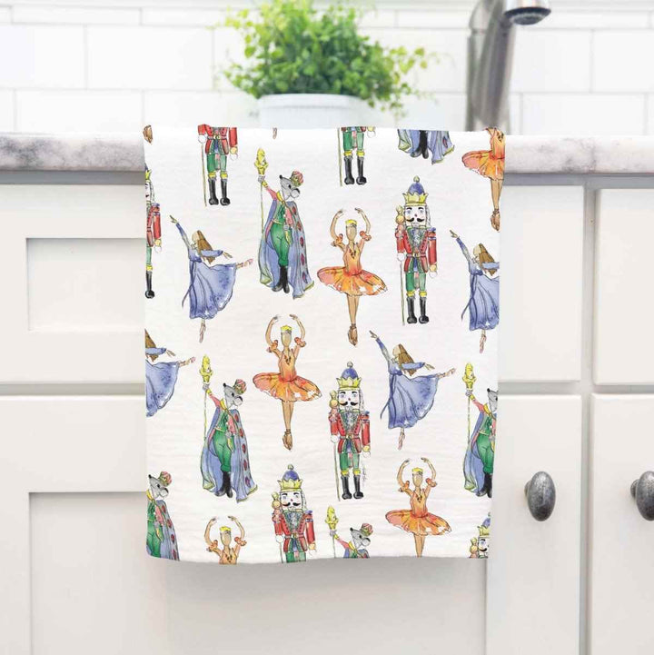 Amanda Klein Co. | Nutcracker Flour Sack Towel | watercolor dancers and nucracker figurines.