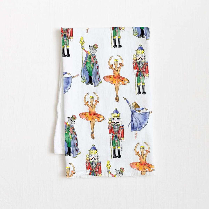 Amanda Klein Co. | Nutcracker Flour Sack Towel | watercolor dancers and nucracker figurines.