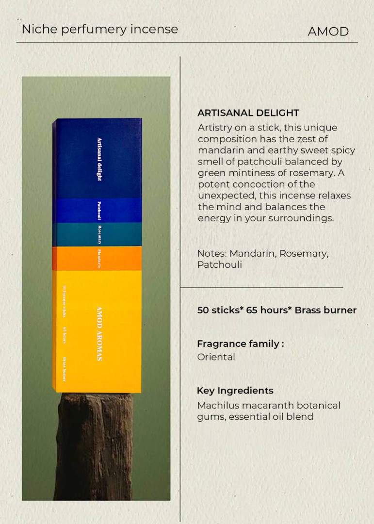 Amod | Artisnal Delight | Niche perfumery incense packaging with descriptive text on a beige background