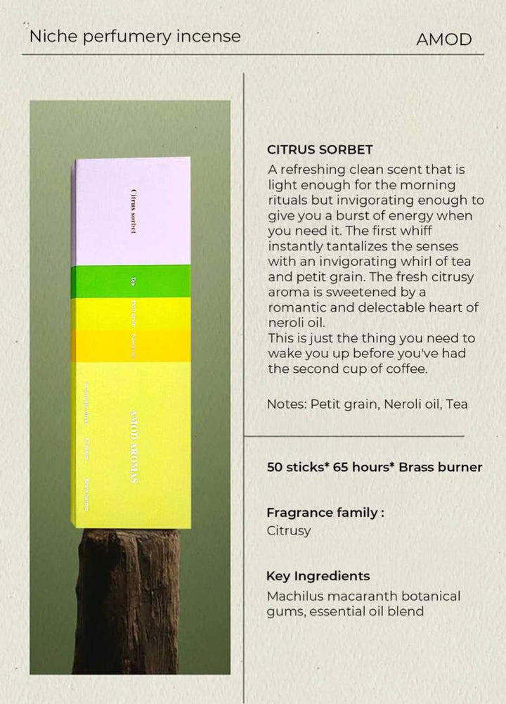 Amod | Citrus Sorbet | Niche perfumery incense packaging with product details on a light gray background