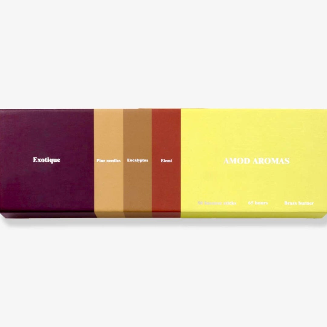 Amod | Exotique Incense | Color swatch card with four swatches of purple, red, yellow, and brown on a white background.