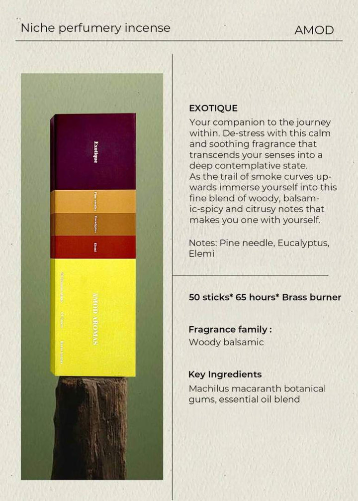 Amod | Exotique Incense and Burner | Niche perfumery incense with color gradient packaging on a wooden stump, against a light background.