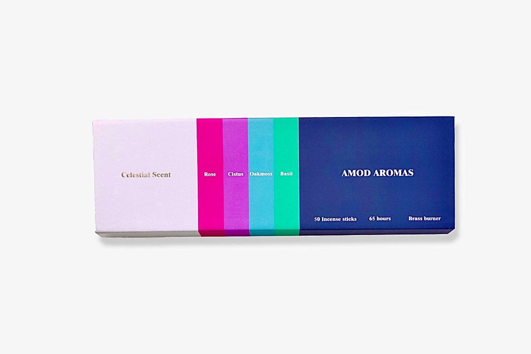 Incense | Celestial Scent | Amod Aromas product packaging with color swatches on a white background