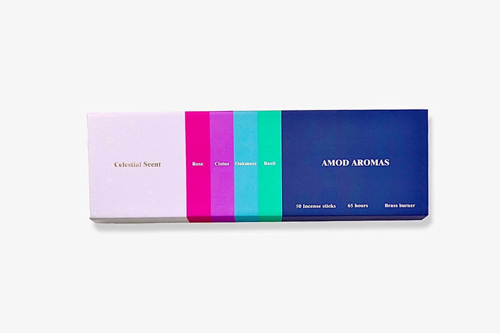 Incense | Celestial Scent | Amod Aromas product packaging with color swatches on a white background