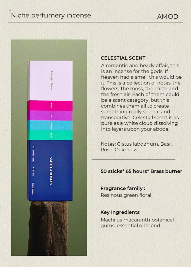 Amod | Incense | Celestial Scent. An info graphic with a colorful box and scent description