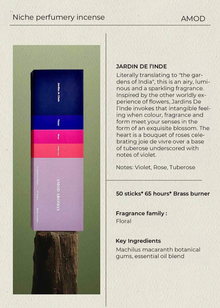 Amod | Jardin De I'Inde Incense with a brass burner. Scent and infographic.