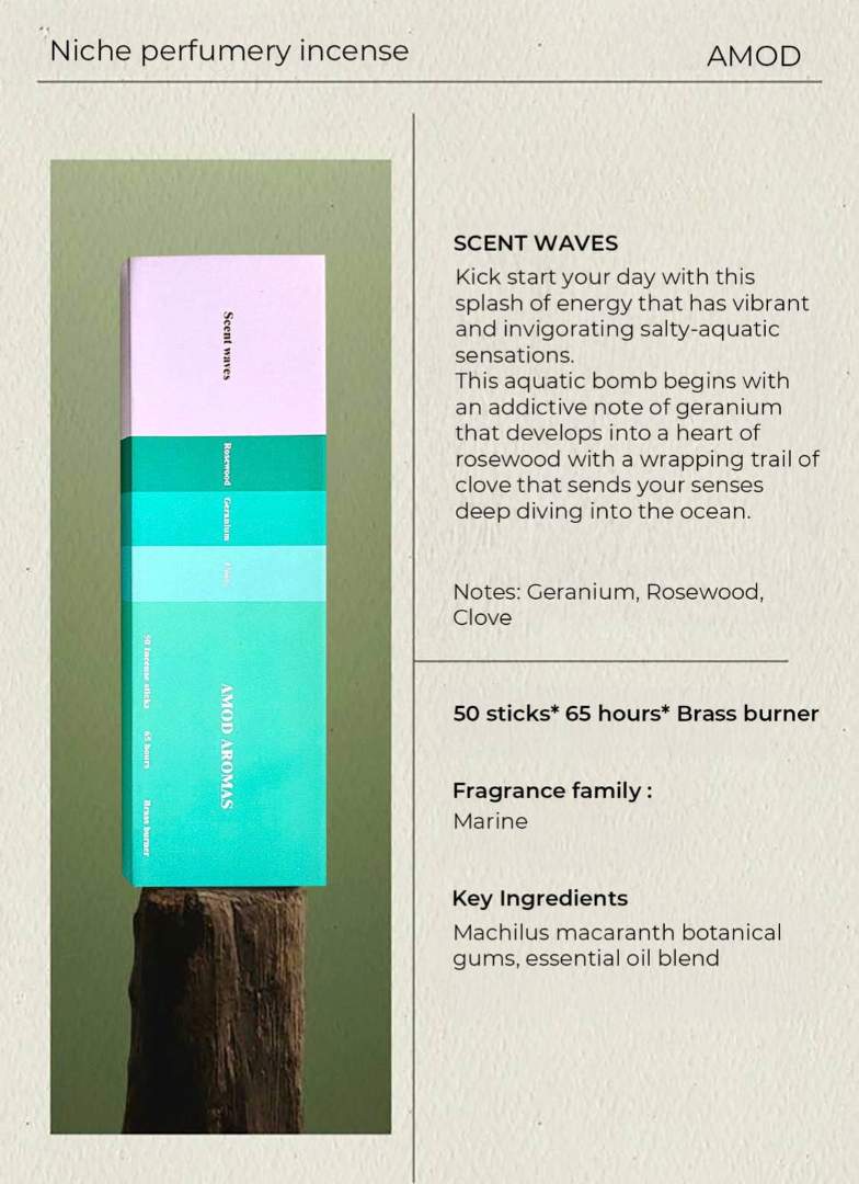 Amod | Stacy K Floral | Scent Waves | Perfumery incense packaging with product details on a neutral background