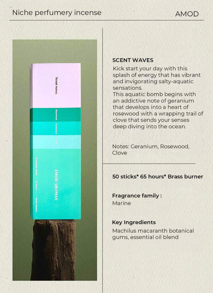 Amod | Stacy K Floral | Scent Waves | Perfumery incense packaging with product details on a neutral background