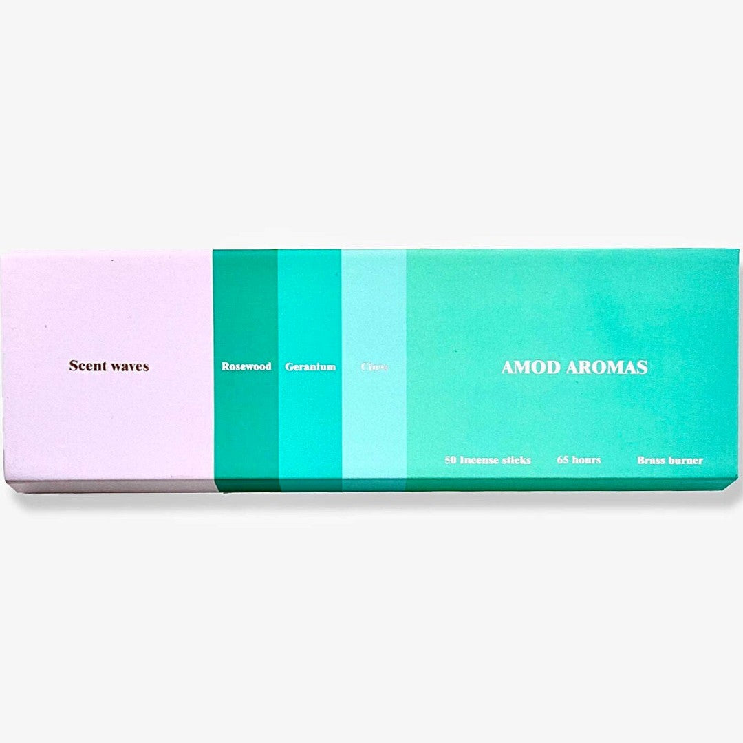 Amod | Scent Waves | Color swatch incense box with 'AMOR AROMAS' branding on a white background