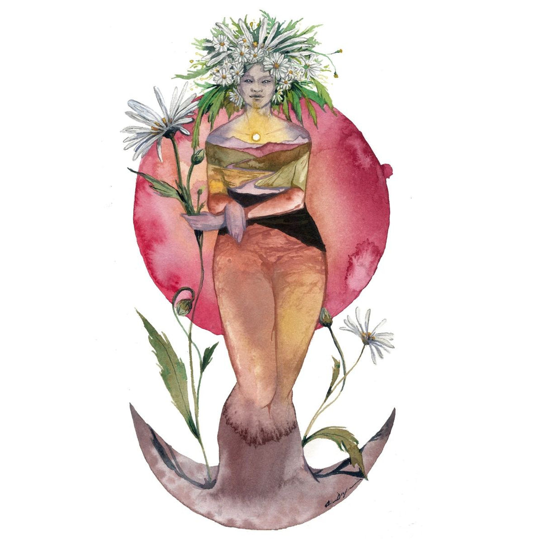 Andrea Durfee | April Birth Flower Goddess Print | A watercolor print by a local artist with a woman, flowers, and a landscape.