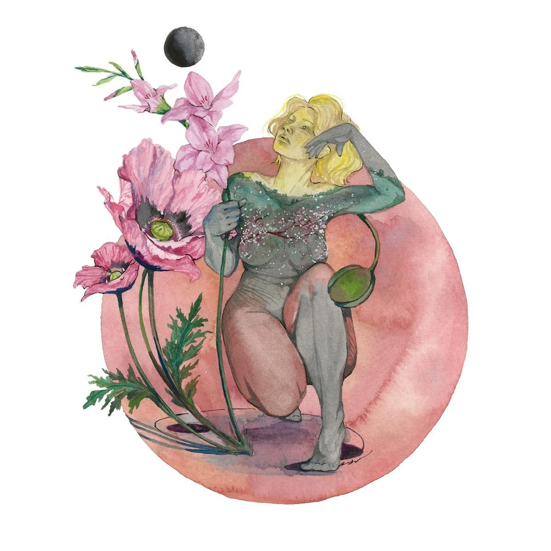 Andrea Durfee | August Goddess Print | The figure of a woman with poppy flowers.