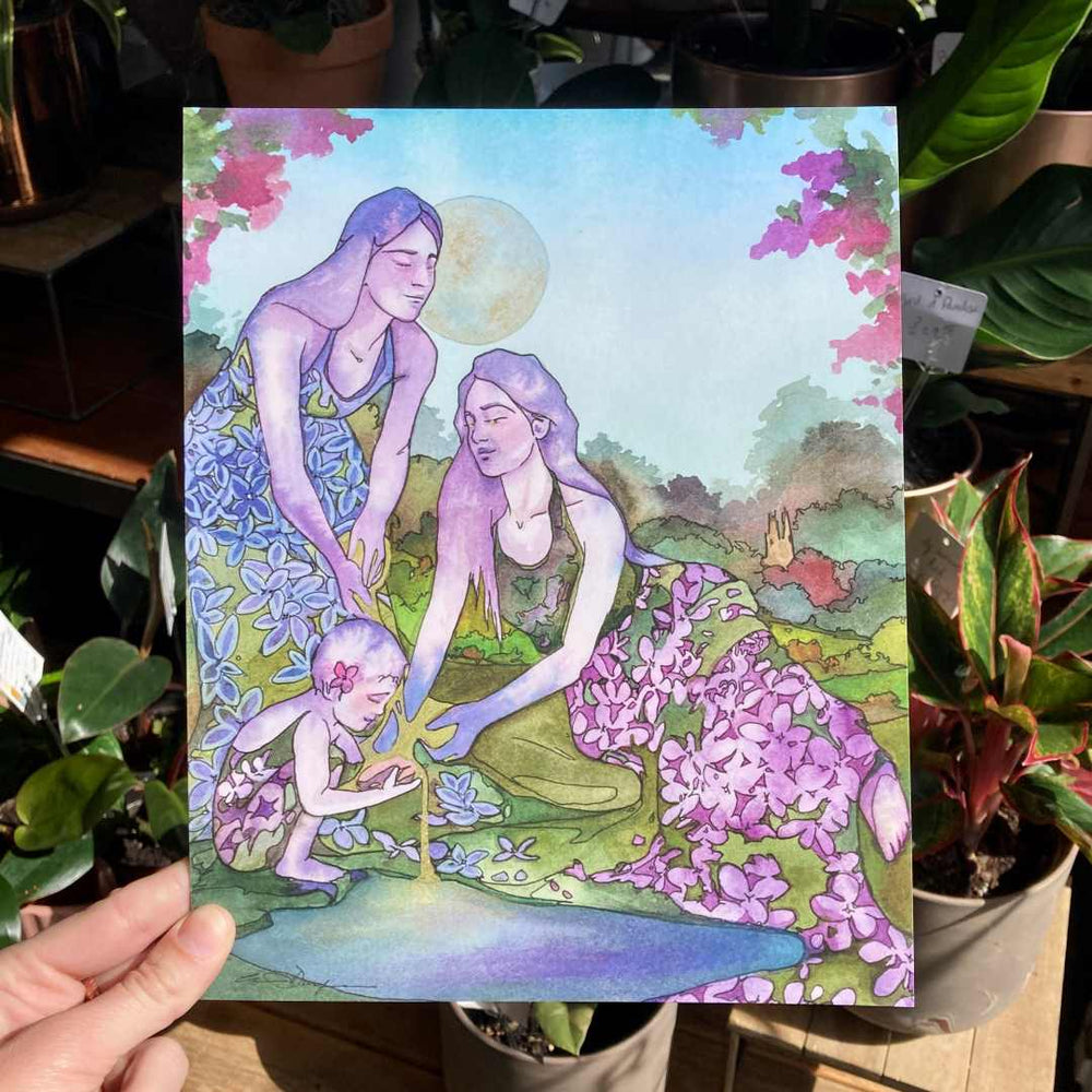 Andrea Durfee | Lilac Goddess Print | A watercolor painting with a focus on lilac flowers. Depicts two women and a child.