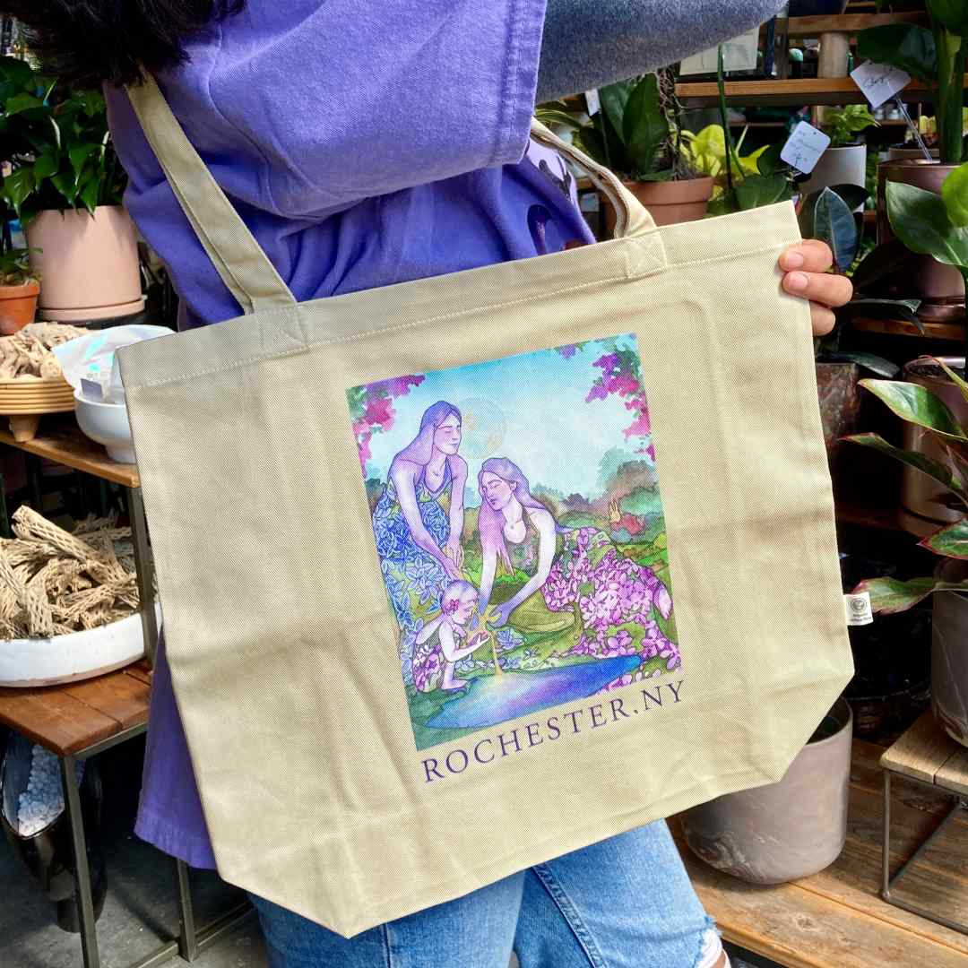 Andrea Durfee | Lilac Goddesses | Tote bag with Andrea Durfee's Watercolor painting on it with the text "Rochester, NY".