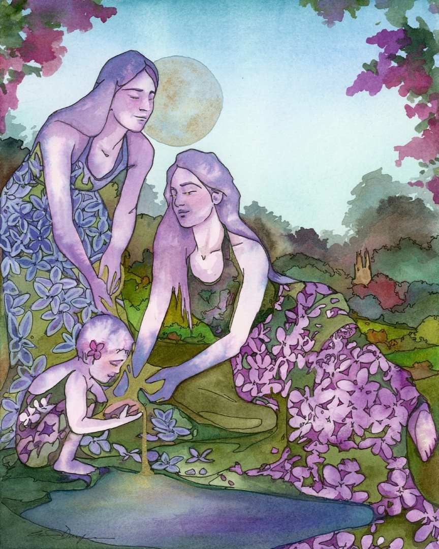 Andrea Durfee | Lilac Goddesses Art Print | Watercolor painted piece showing two women and a child, all dress in lilac dresses.