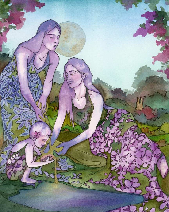 Andrea Durfee | Lilac Goddesses Art Print | Watercolor painted piece showing two women and a child, all dress in lilac dresses.