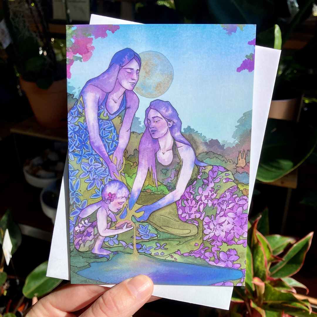 Andrea Durfee | Lilac Goddess Greeting Card | Two women and a child wearing lilac dresses. Watercolor painting style.