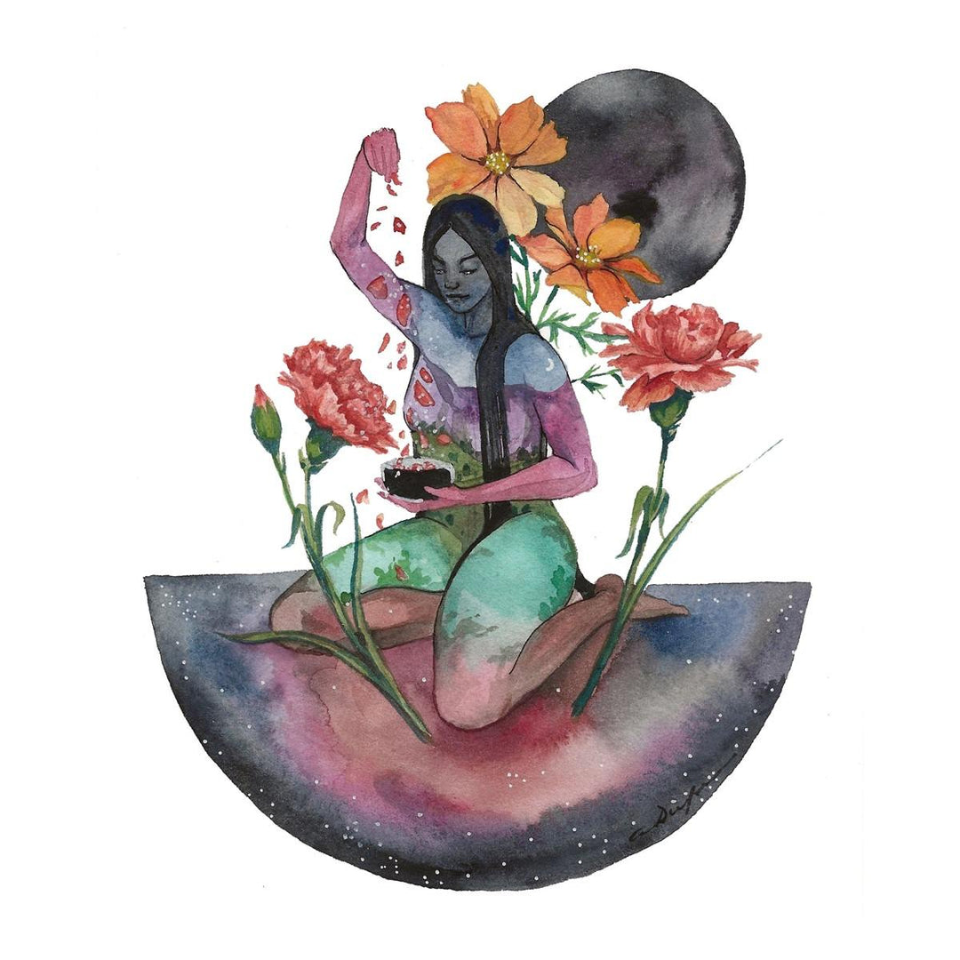 Andrea Durfee | October Goddess Print | A woman with carnations.