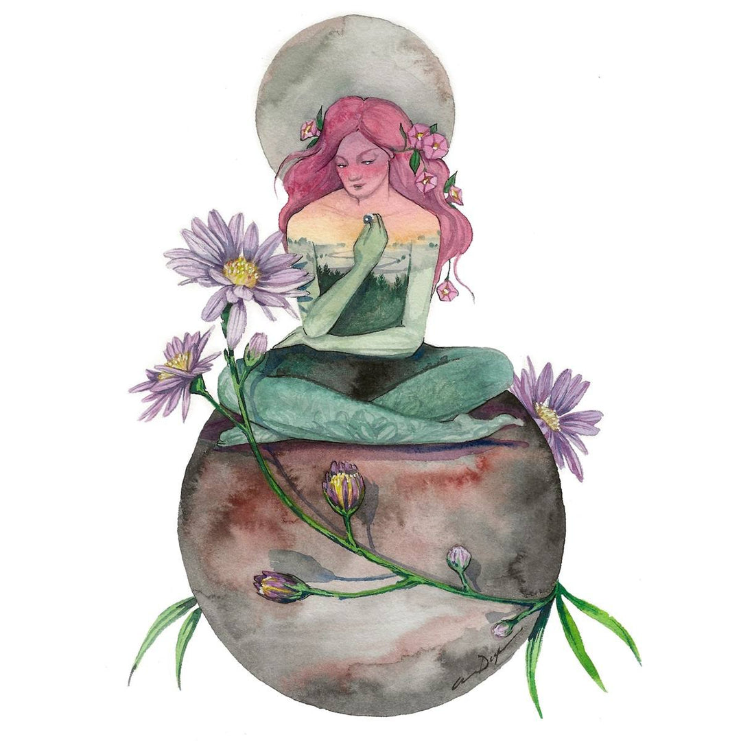 Andrea Durfee | September Goddess Print | A goddess sitting with flowers.