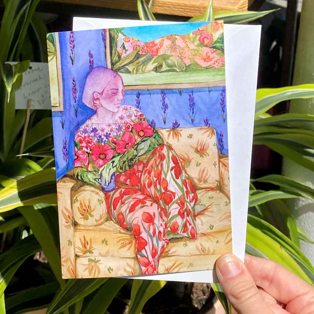 Andrea Durfee | "Tea Room" A woman made of flowers sitting on a floral couch with floral wallpaper in the background.