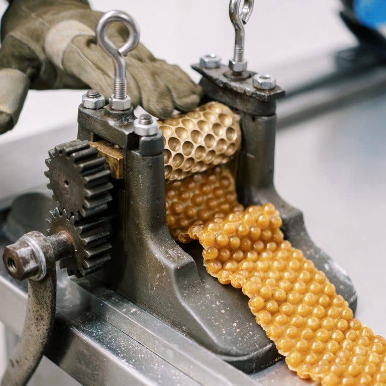 Anellabees | Honey Candies | Close-up of a mechanical device with honey candies and gears.