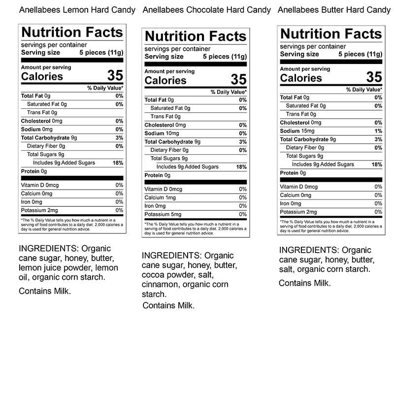 Anellabees | Honey Candy | Three nutrition fact labels for Anellabees hard candy with different flavors.