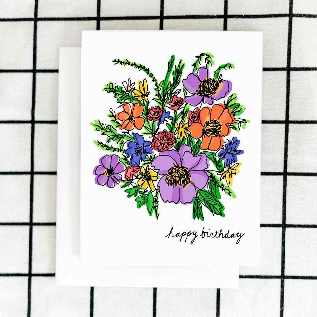 ArtJaden | A white card with A colorful watercolor flower design. Text at bottom is in cursive and reads "happy birthday".