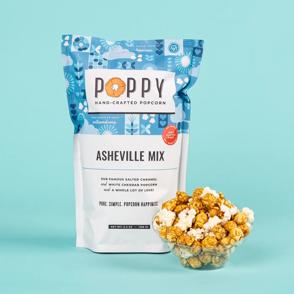 Poppy Handcrafted Popcorn | Asheville Mix, salted carmel and white cheddar popcorn.