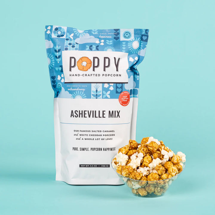 Poppy Handcrafted Popcorn | Asheville Mix, salted carmel and white cheddar popcorn.