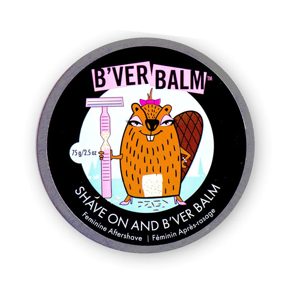 B'ver Balm | A tin with a beaver holding a pink razor. 75g, 2.5 oz, B'ver balm, shave on and b'ver balm. feminine aftershave | feminin apres-rasage.
