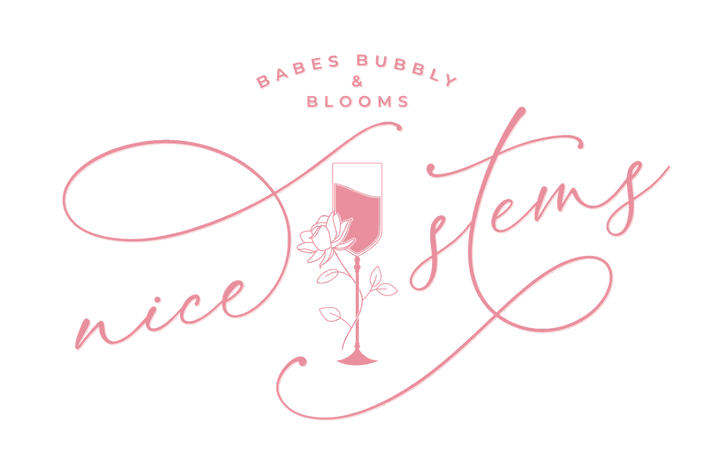 Babes, Bubble, & Blooms, logo with a glass and text that reads "Nice Stems".