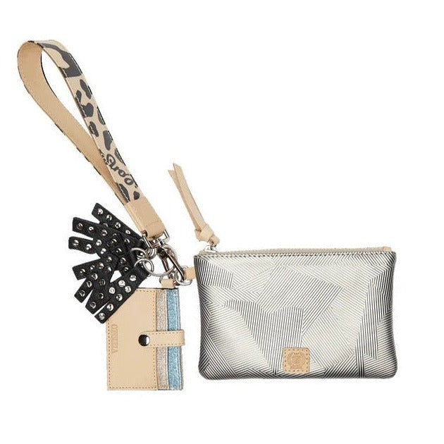 Bam Ba Combi Wristlet | A Gray, textured Diane exterior pouch, Diego natural leather logo accents, Diego leather, five card slots with D-ring, Black leather studded MTRA charm, Bam Bam ConsuelaCloth™, wristlet -5” H x 8” W, Pouch -9” L, Wristlet -3” H x 4” W, Cardholder -3” L Charm.